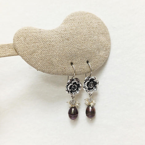 925 Sterling Silver FLOWER Rose Dangle Earrings, Fresh Water Grey Pearl Gemstone, Vintage Inspired Jewelry