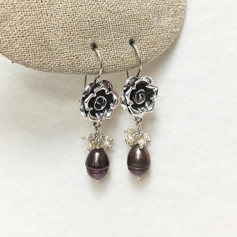 925 Sterling Silver FLOWER Rose Dangle Earrings, Fresh Water Grey Pearl Gemstone, Vintage Inspired Jewelry