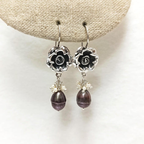 925 Sterling Silver FLOWER Rose Dangle Earrings, Fresh Water Grey Pearl Gemstone, Vintage Inspired Jewelry