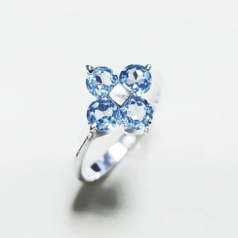 925 Sterling Silver Blue Aquamarine Color Cz Quatrefoil Ring, Chance Lucky Small Blue stone Ring,