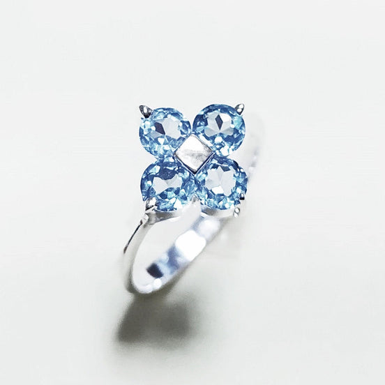 925 Sterling Silver Blue Aquamarine Color Cz Quatrefoil Ring, Chance Lucky Small Blue stone Ring,
