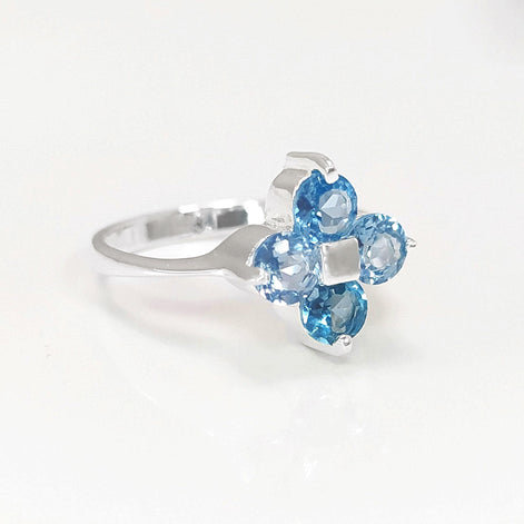 925 Sterling Silver Blue Aquamarine Color Cz Quatrefoil Ring, Chance Lucky Small Blue stone Ring,