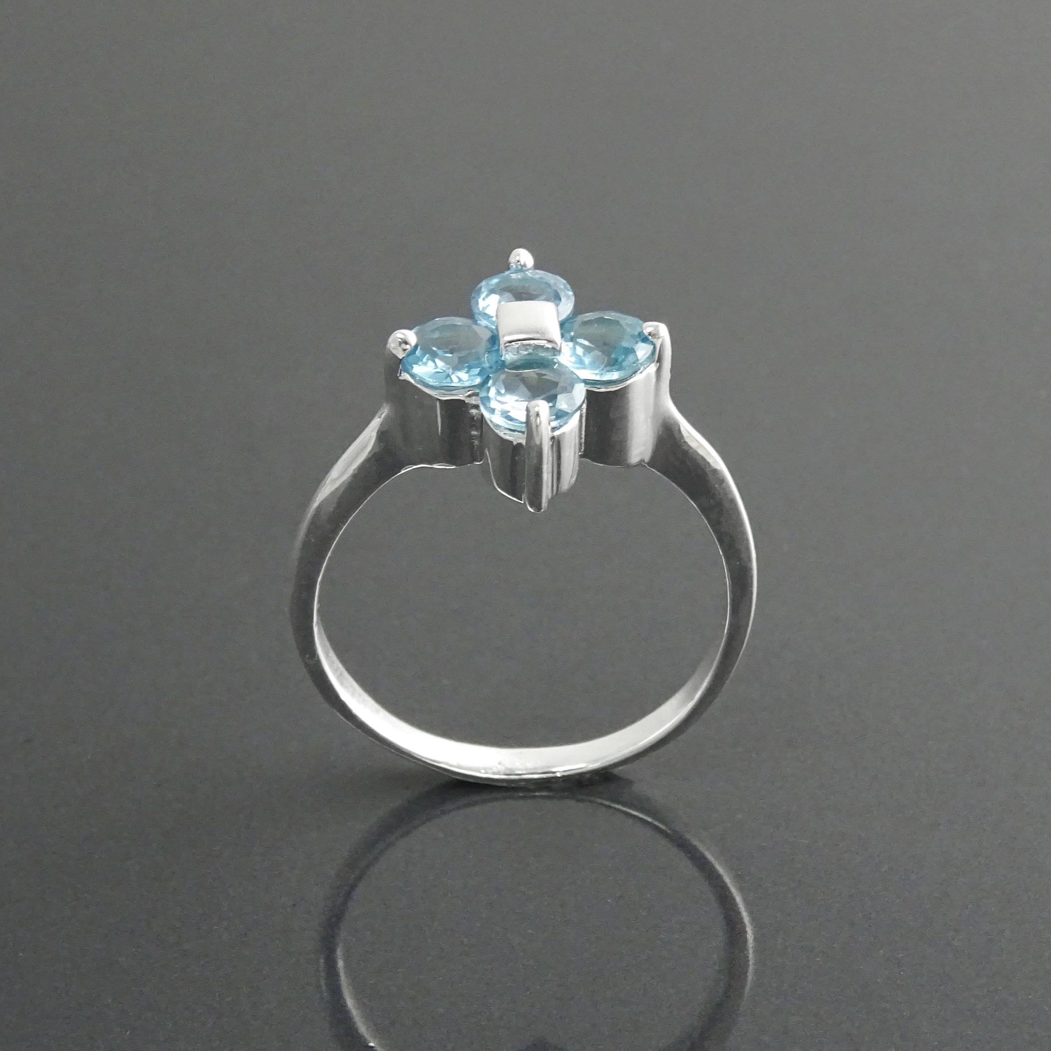 925 Sterling Silver Blue Aquamarine Color Cz Quatrefoil Ring, Chance Lucky Small Blue stone Ring,
