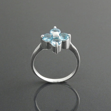 925 Sterling Silver Blue Aquamarine Color Cz Quatrefoil Ring, Chance Lucky Small Blue stone Ring,