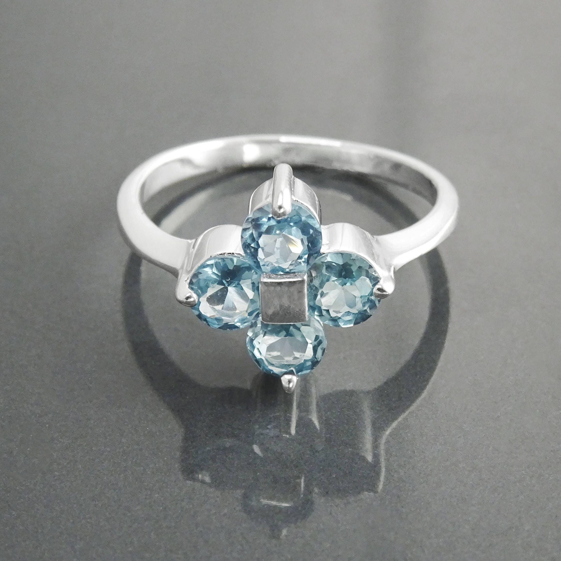925 Sterling Silver Blue Aquamarine Color Cz Quatrefoil Ring, Chance Lucky Small Blue stone Ring,