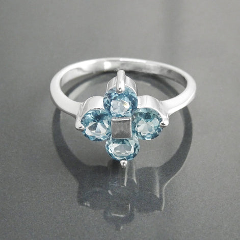 925 Sterling Silver Blue Aquamarine Color Cz Quatrefoil Ring, Chance Lucky Small Blue stone Ring,