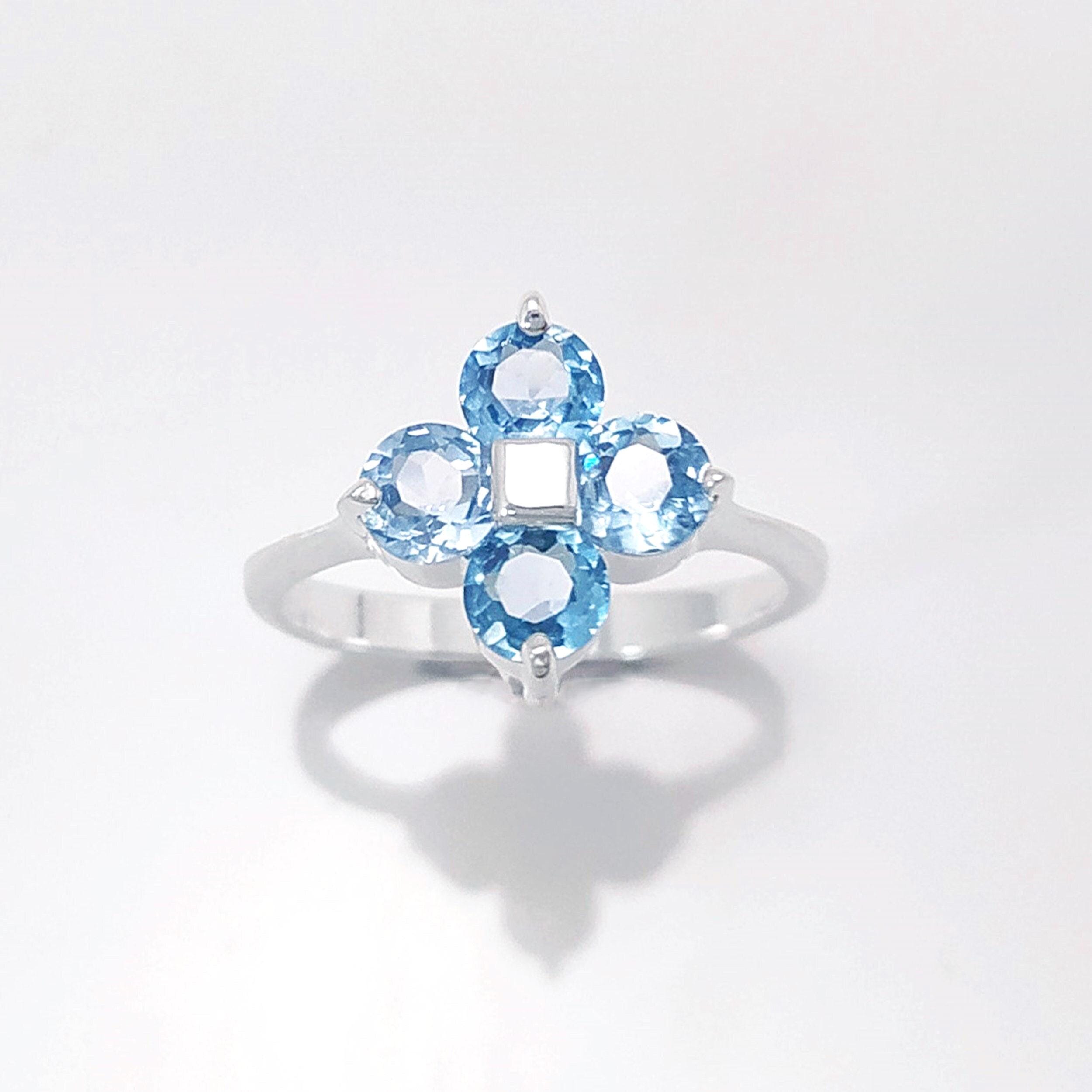 925 Sterling Silver Blue Aquamarine Color Cz Quatrefoil Ring, Chance Lucky Small Blue stone Ring,