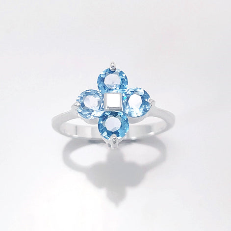 925 Sterling Silver Blue Aquamarine Color Cz Quatrefoil Ring, Chance Lucky Small Blue stone Ring,