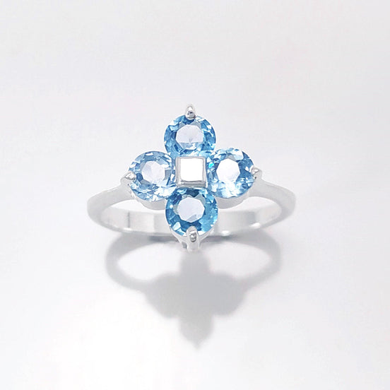 925 Sterling Silver Blue Aquamarine Color Cz Quatrefoil Ring, Chance Lucky Small Blue stone Ring,