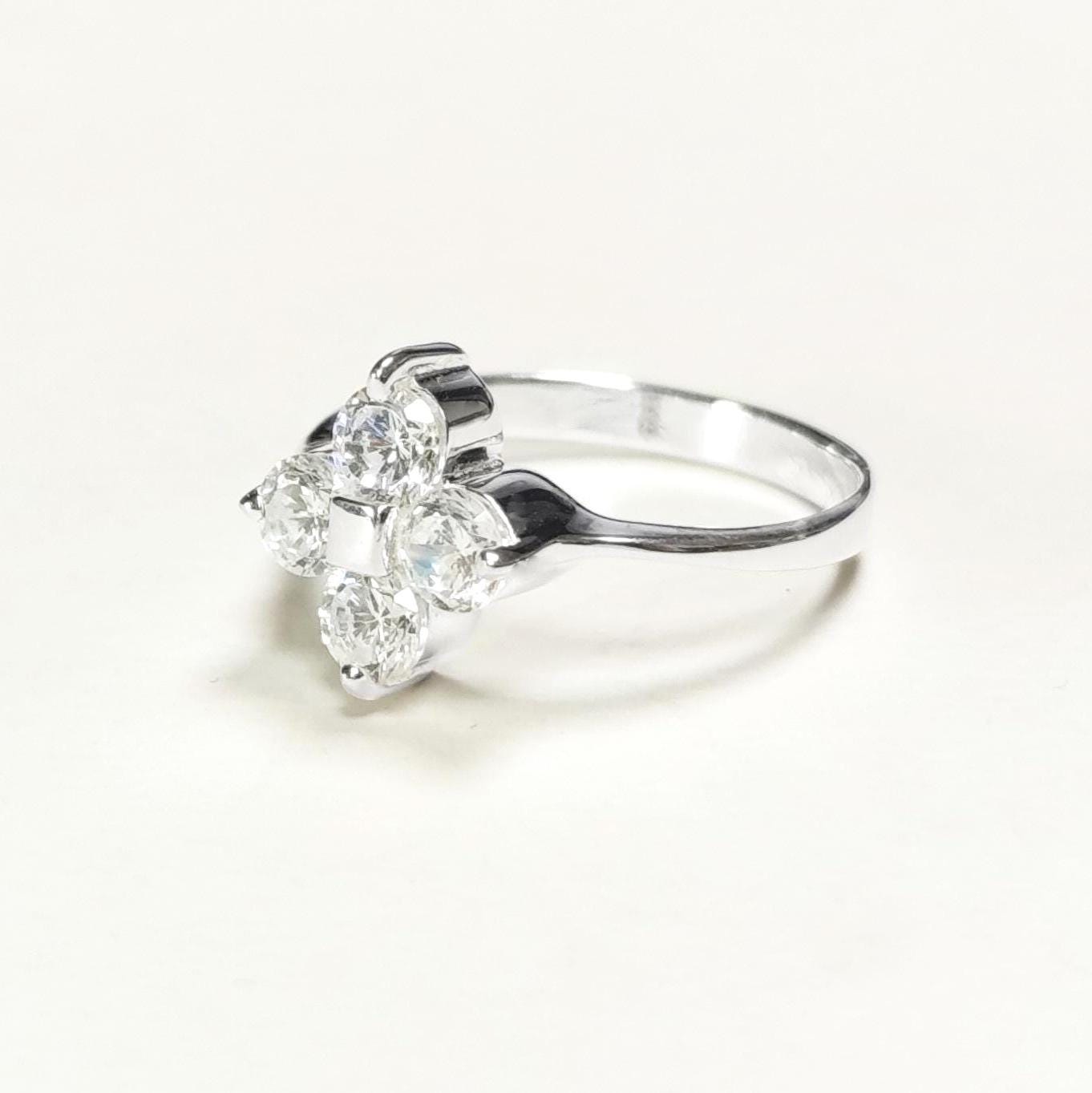 Sterling Silver Quatrefoil Flower Ring, Diamond CZ Gemstone