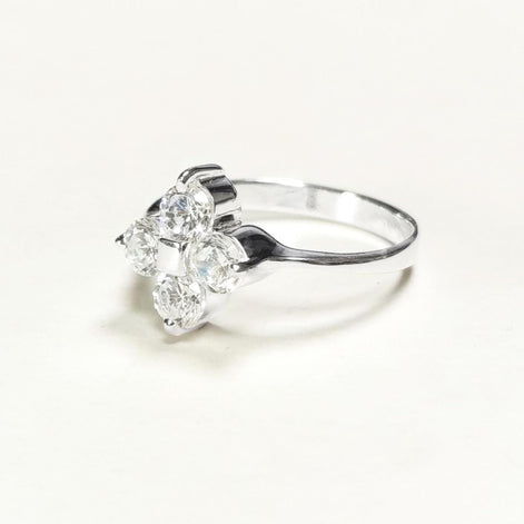 Sterling Silver Quatrefoil Flower Ring, Diamond CZ Gemstone