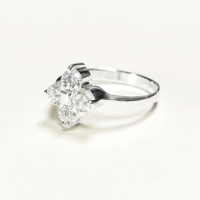 Sterling Silver Quatrefoil Flower Ring, Diamond CZ Gemstone