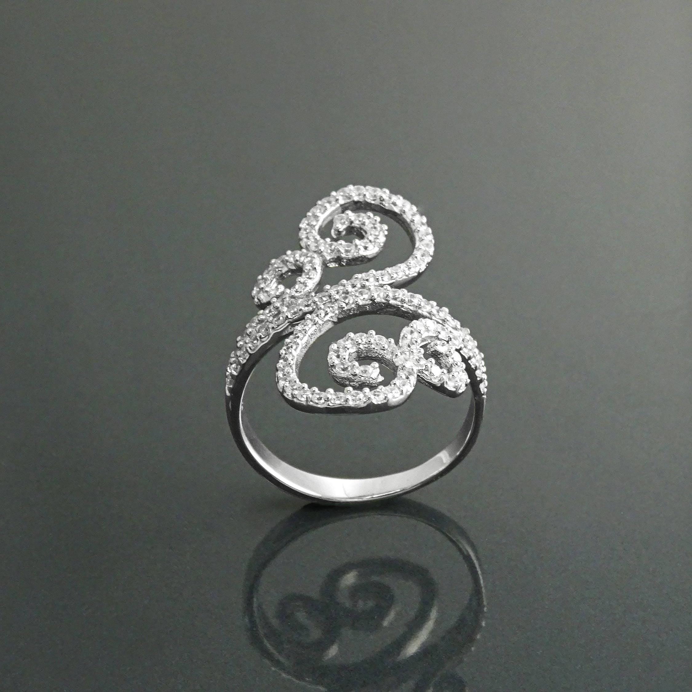 925 Art Deco Sterling Silver Spirals Ring, Bypass CZ Stones, XS Size Ring