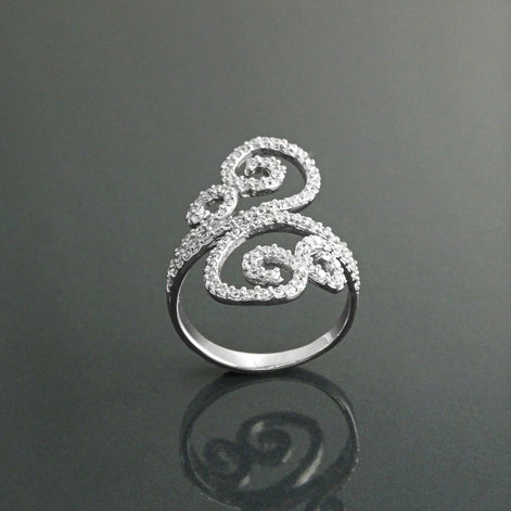 925 Art Deco Sterling Silver Spirals Ring, Bypass CZ Stones, XS Size Ring