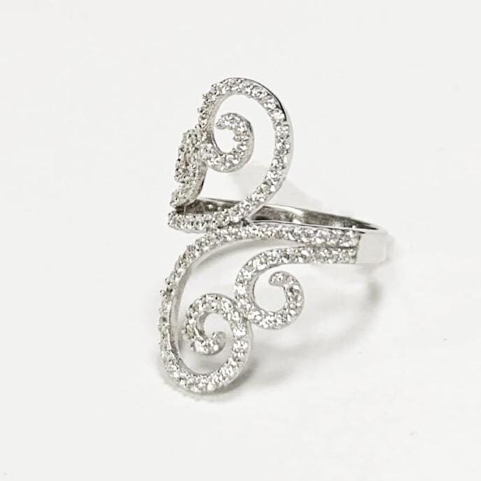 925 Art Deco Sterling Silver Spirals Ring, Bypass CZ Stones, XS Size Ring