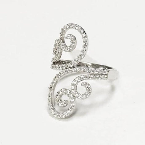 925 Art Deco Sterling Silver Spirals Ring, Bypass CZ Stones, XS Size Ring