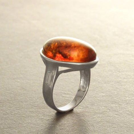 Amber ring 925 sterling silver, genuine cognac color amber with inclusions jewelry, oval stone ring, modern minimalist designer ring