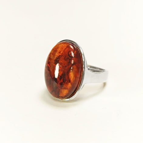 Amber ring 925 sterling silver, genuine cognac color amber with inclusions jewelry, oval stone ring, modern minimalist designer ring