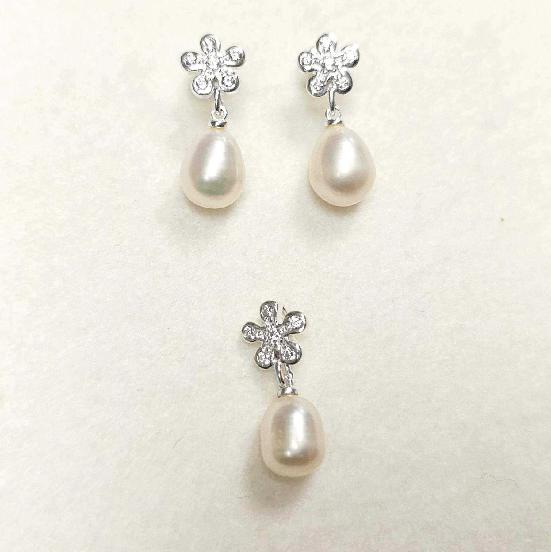 10mm White Shell Pearl Flower Earrings, Sterling Silver 925, Handmade Jewelry