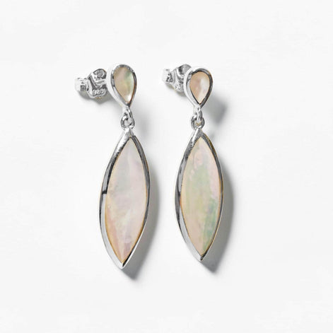 Sterling Silver Oval Earrings, White Mother of Pearl Shell Jewelry, Dangle MOP 925