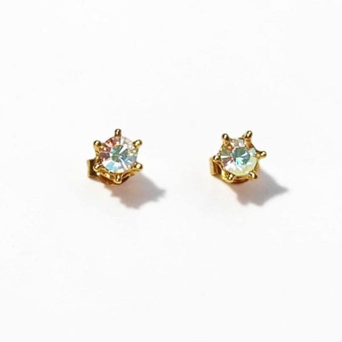 Rainbow Opal Stud Earrings by KRAMIKE • 18K Gold-Plated Elegant Clear Iridescent Cz Stone • Everyday Jewelry • Minimalist 6mm or 4mm Studs