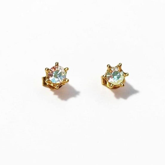 Rainbow Opal Stud Earrings by KRAMIKE • 18K Gold-Plated Elegant Clear Iridescent Cz Stone • Everyday Jewelry • Minimalist 6mm or 4mm Studs