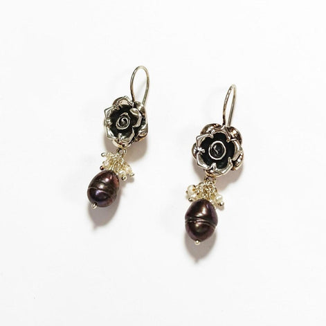 925 Sterling Silver FLOWER Rose Dangle Earrings, Fresh Water Grey Pearl Gemstone, Vintage Inspired Jewelry