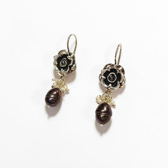 925 Sterling Silver FLOWER Rose Dangle Earrings, Fresh Water Grey Pearl Gemstone, Vintage Inspired Jewelry