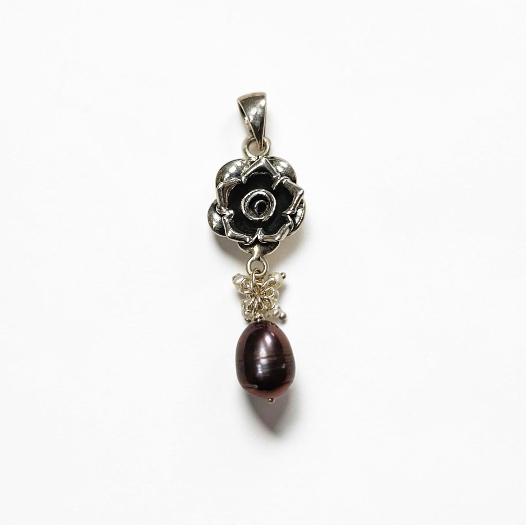 925 Sterling Silver FLOWER Rose Dangle Earrings, Fresh Water Grey Pearl Gemstone, Vintage Inspired Jewelry