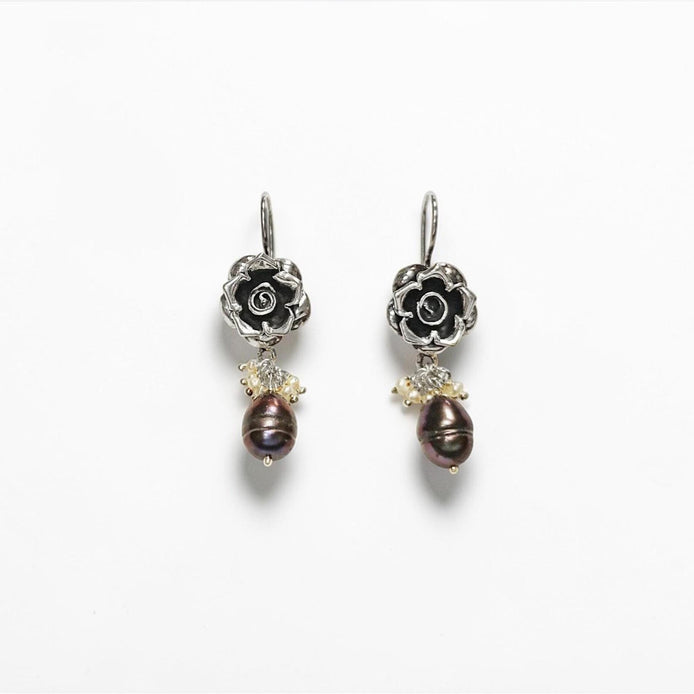 925 Sterling Silver FLOWER Rose Dangle Earrings, Fresh Water Grey Pearl Gemstone, Vintage Inspired Jewelry