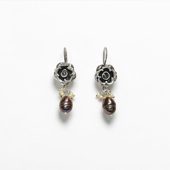 925 Sterling Silver FLOWER Rose Dangle Earrings, Fresh Water Grey Pearl Gemstone, Vintage Inspired Jewelry