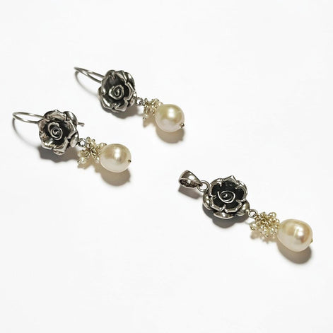 Sterling Silver FLOWER Rose Dangle Earrings, Fresh Water Pearl Gemstone, Vintage Inspired Jewelry