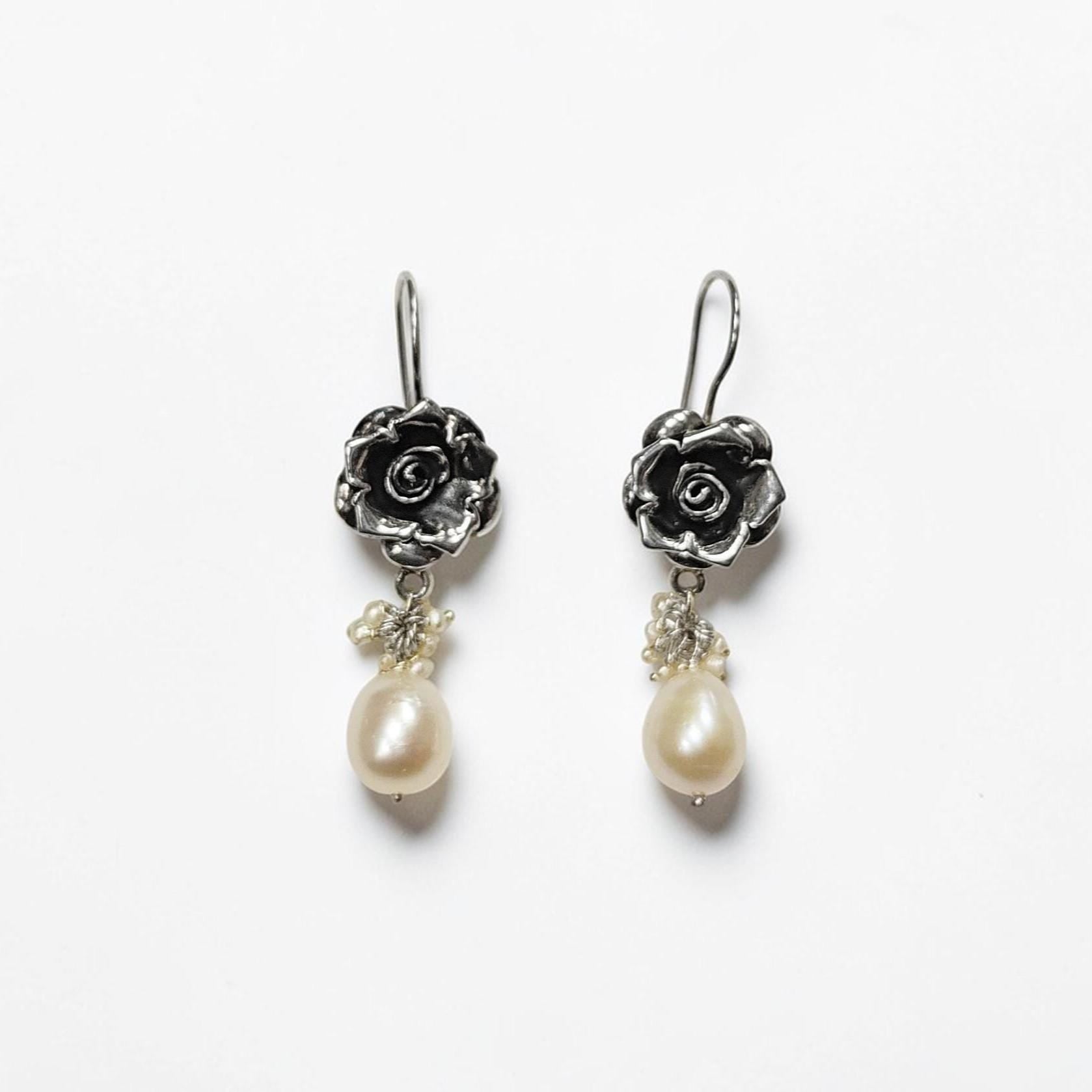 Sterling Silver FLOWER Rose Dangle Earrings, Fresh Water Pearl Gemstone, Vintage Inspired Jewelry