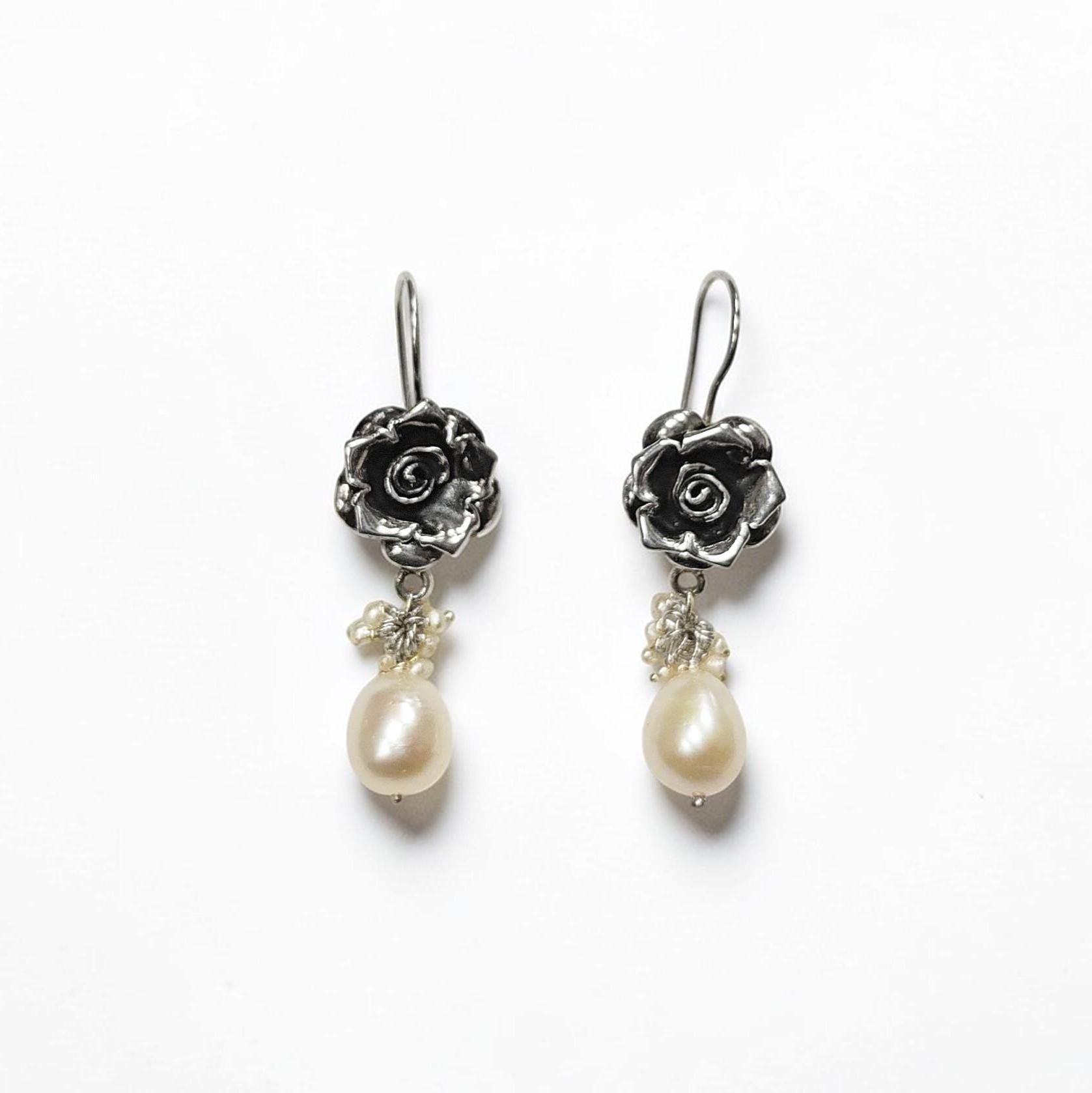 Sterling Silver FLOWER Rose Dangle Earrings, Fresh Water Pearl Gemstone, Vintage Inspired Jewelry