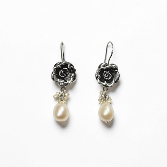 Sterling Silver FLOWER Rose Dangle Earrings, Fresh Water Pearl Gemstone, Vintage Inspired Jewelry