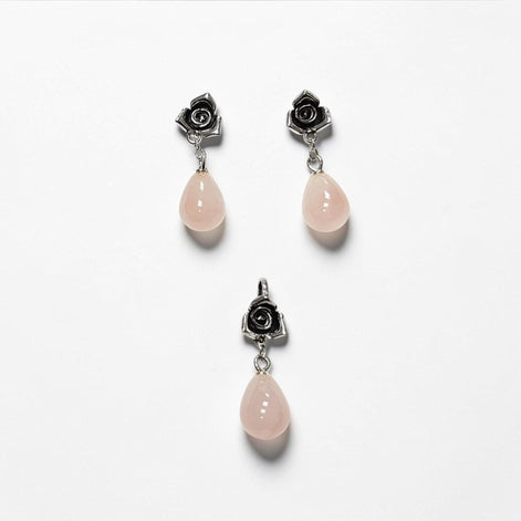 Sterling Silver Rose Earrings • Pink Quartz Dangle, Vintage Style, Flower Earrings