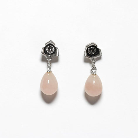 Sterling Silver Rose Earrings • Pink Quartz Dangle, Vintage Style, Flower Earrings