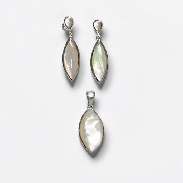 White Shell Dangle Earrings, Sterling Silver, Mother of Pearl, Pending Earrings Pendant Set, Modern Oval Stone Jewelry,
