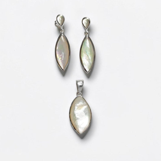 White Shell Dangle Earrings, Sterling Silver, Mother of Pearl, Pending Earrings Pendant Set, Modern Oval Stone Jewelry,