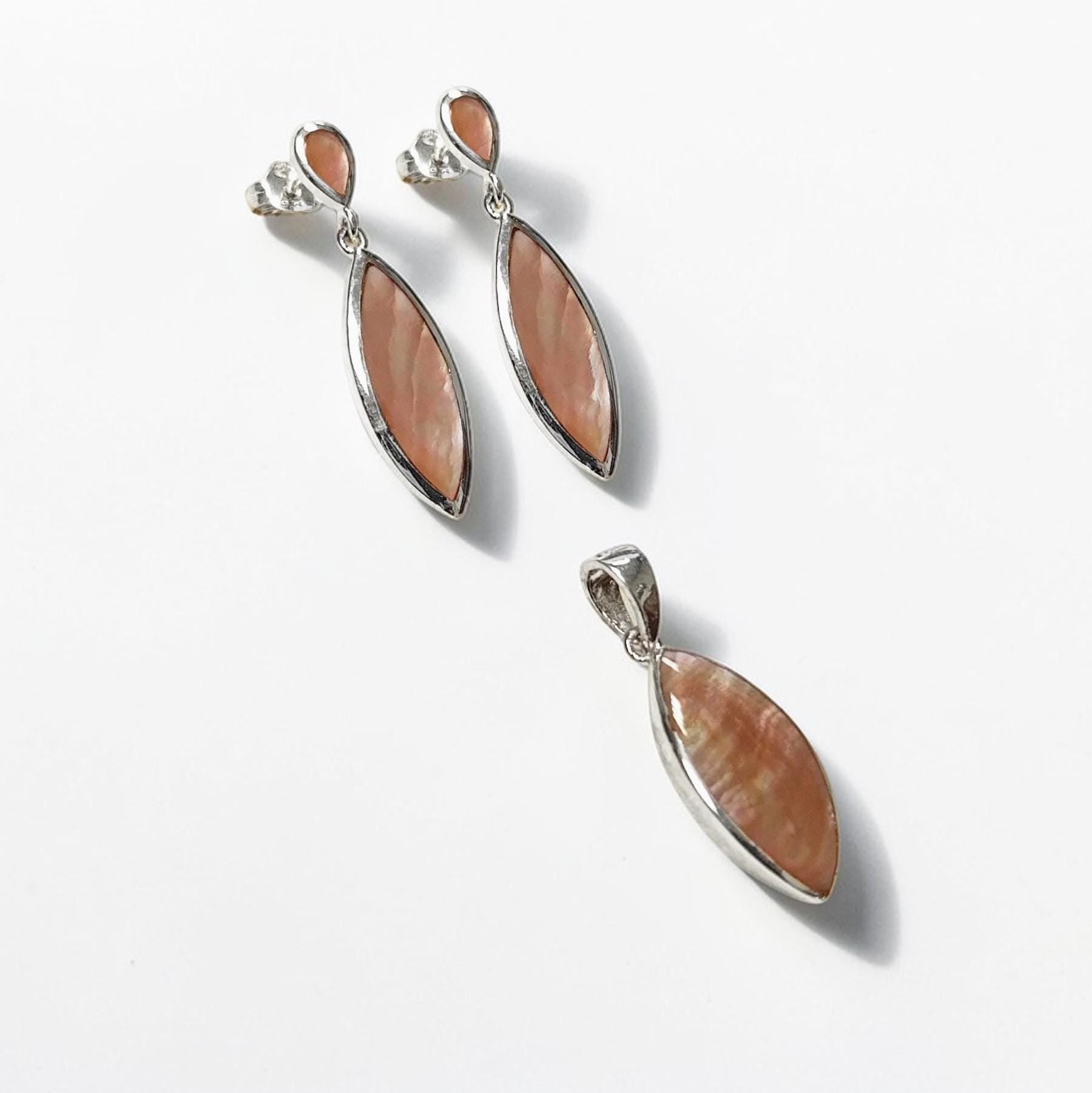 GENUINE Brown Shell Dangle Earrings, Sterling Silver, Brown Pearl with Iridescent Rainbow Highlights, Geometric Oval Shape, Minimalist