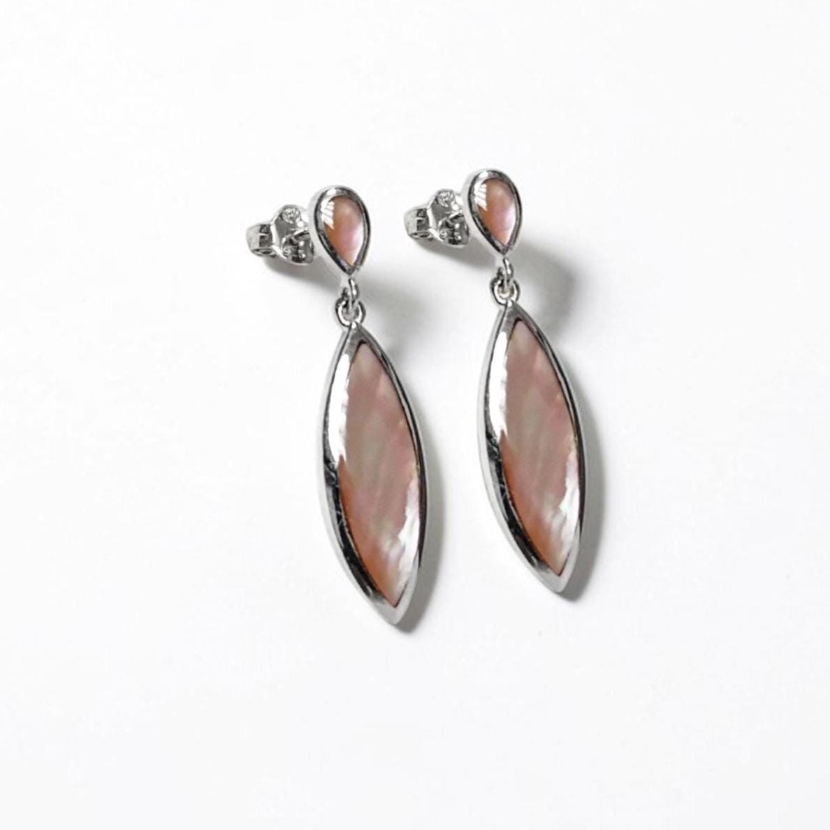 GENUINE Brown Shell Dangle Earrings, Sterling Silver, Brown Pearl with Iridescent Rainbow Highlights, Geometric Oval Shape, Minimalist