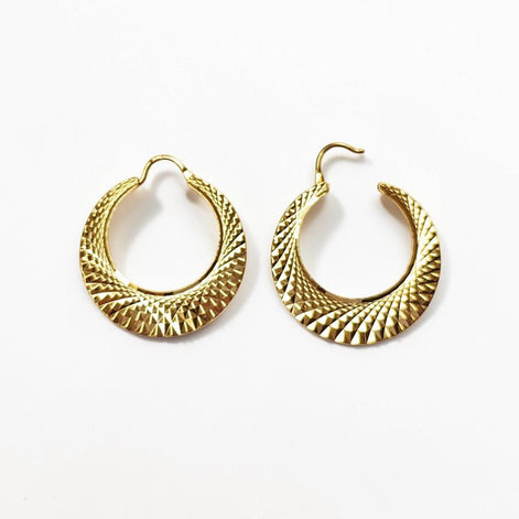 Textured Crescent Hoop Earrings • 18K Gold Plated Diamond-Cut Geometric Hoops