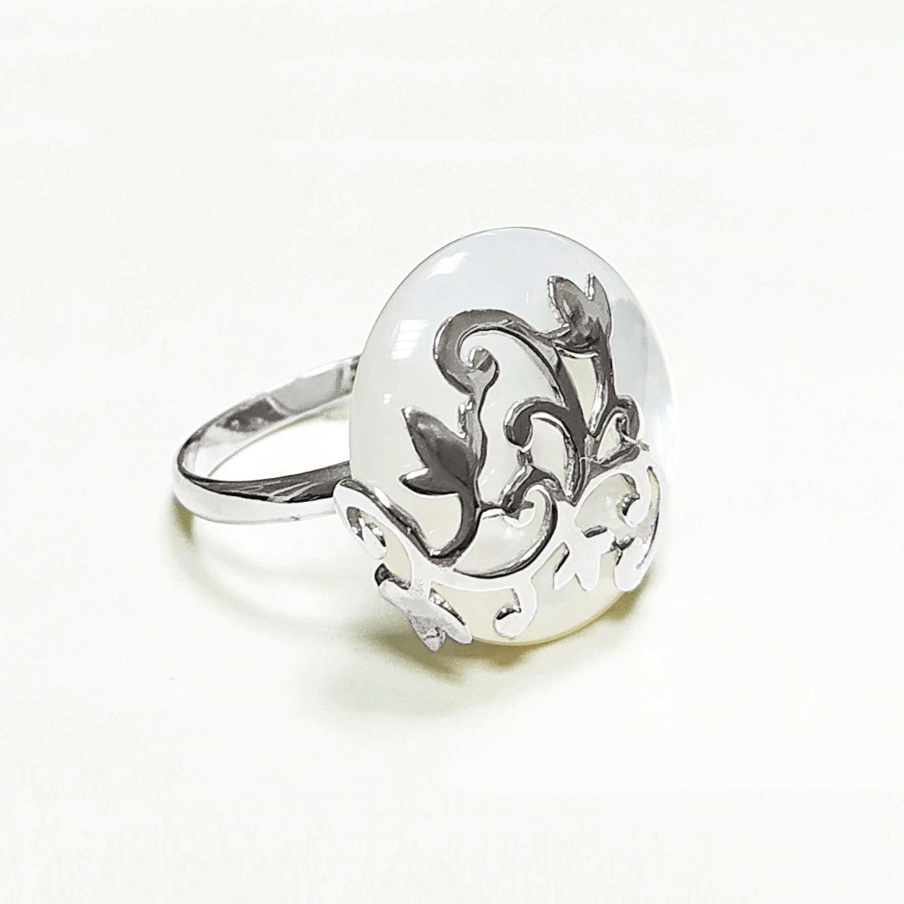 Floral Vine Ring by KRAMIKE • Sterling Silver & Mother of Pearl Stone • Nature-Inspired Design • Unique Look • Elegant Gift for Her • KR131