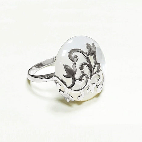 Floral Vine Ring by KRAMIKE • Sterling Silver & Mother of Pearl Stone • Nature-Inspired Design • Unique Look • Elegant Gift for Her • KR131