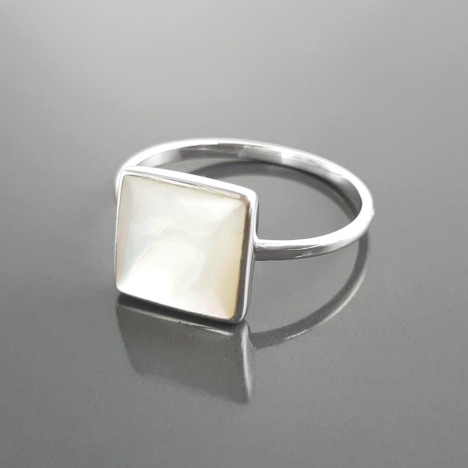 Stacking Ring Sterling 925 Square Mother of Pearl - Small Pearl Ring - Affordable Dainty Ring - MOP Ring - Unique White Stone Jewelry
