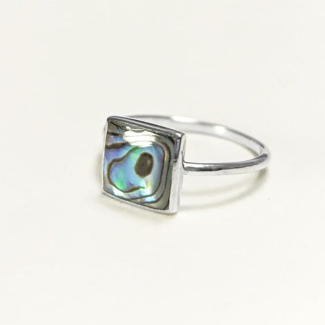 PAUA SHELL Ring Sterling Silver 925, Genuine in a Minimalist Square Design, Natural Blue Green Reflections Colors, Each Peace is Unique