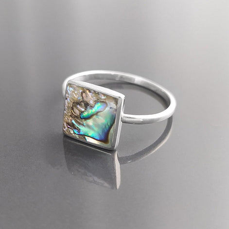 PAUA SHELL Ring Sterling Silver 925, Genuine in a Minimalist Square Design, Natural Blue Green Reflections Colors, Each Peace is Unique