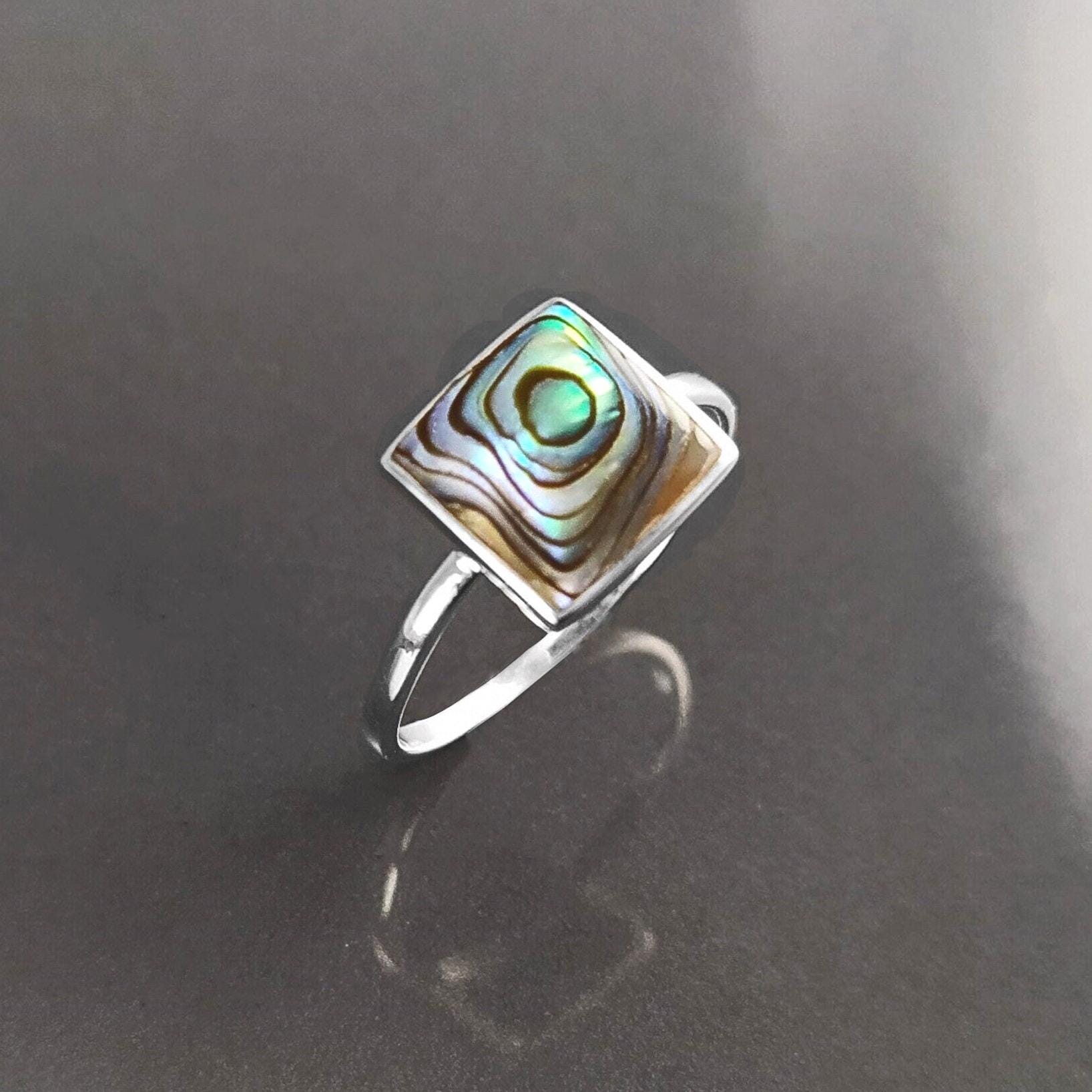PAUA SHELL Ring Sterling Silver 925, Genuine in a Minimalist Square Design, Natural Blue Green Reflections Colors, Each Peace is Unique