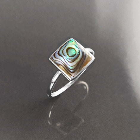 PAUA SHELL Ring Sterling Silver 925, Genuine in a Minimalist Square Design, Natural Blue Green Reflections Colors, Each Peace is Unique
