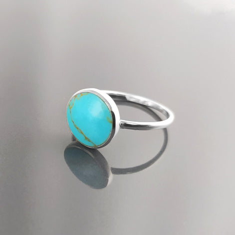 Blue Turquoise Ring, Silver 925, Small Round flat Stone, Geometric Simple Turquoise Jewelry, Dainty Modern Stacking Minimalist Ring